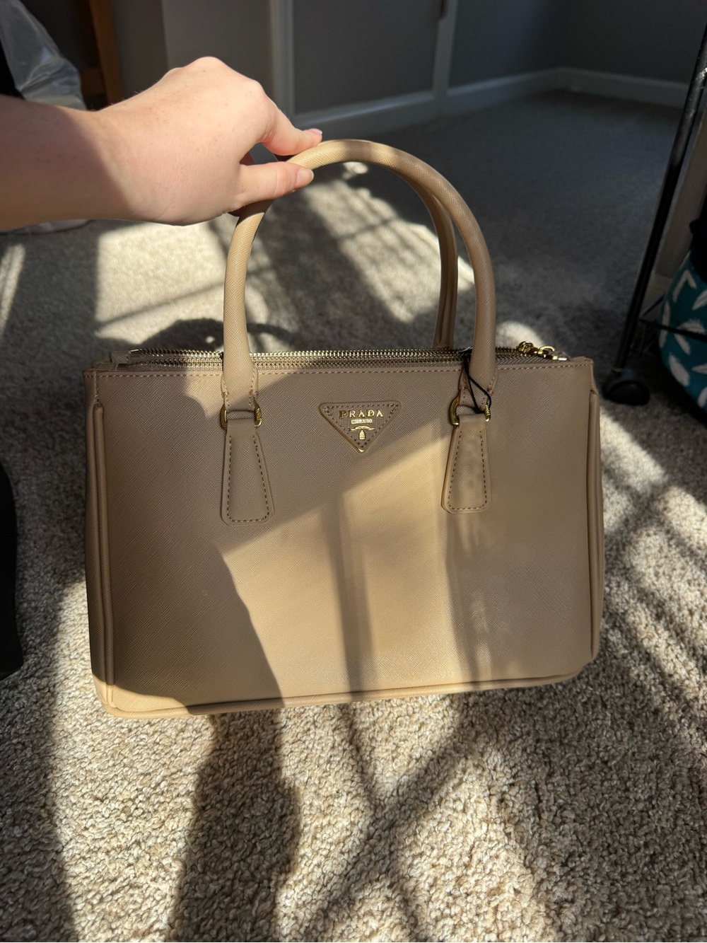 Prada Beige Saffiano Leather Satchel with Gold Hardware